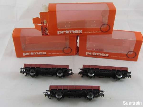 3 Stück Primex 4538 Flachwagen 2 achsig braun mit Originalkarton gebraucht